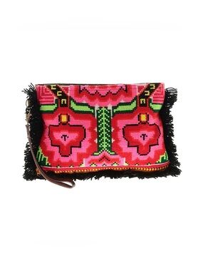 RARE JADEtribe Vibrant Pink Embroidered Fringe Wristlet Clutch